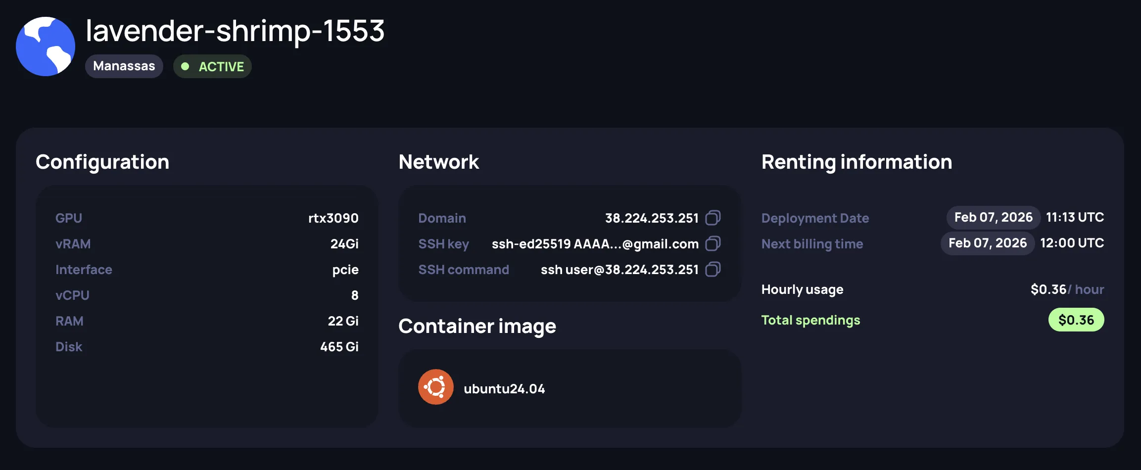 VM instance details