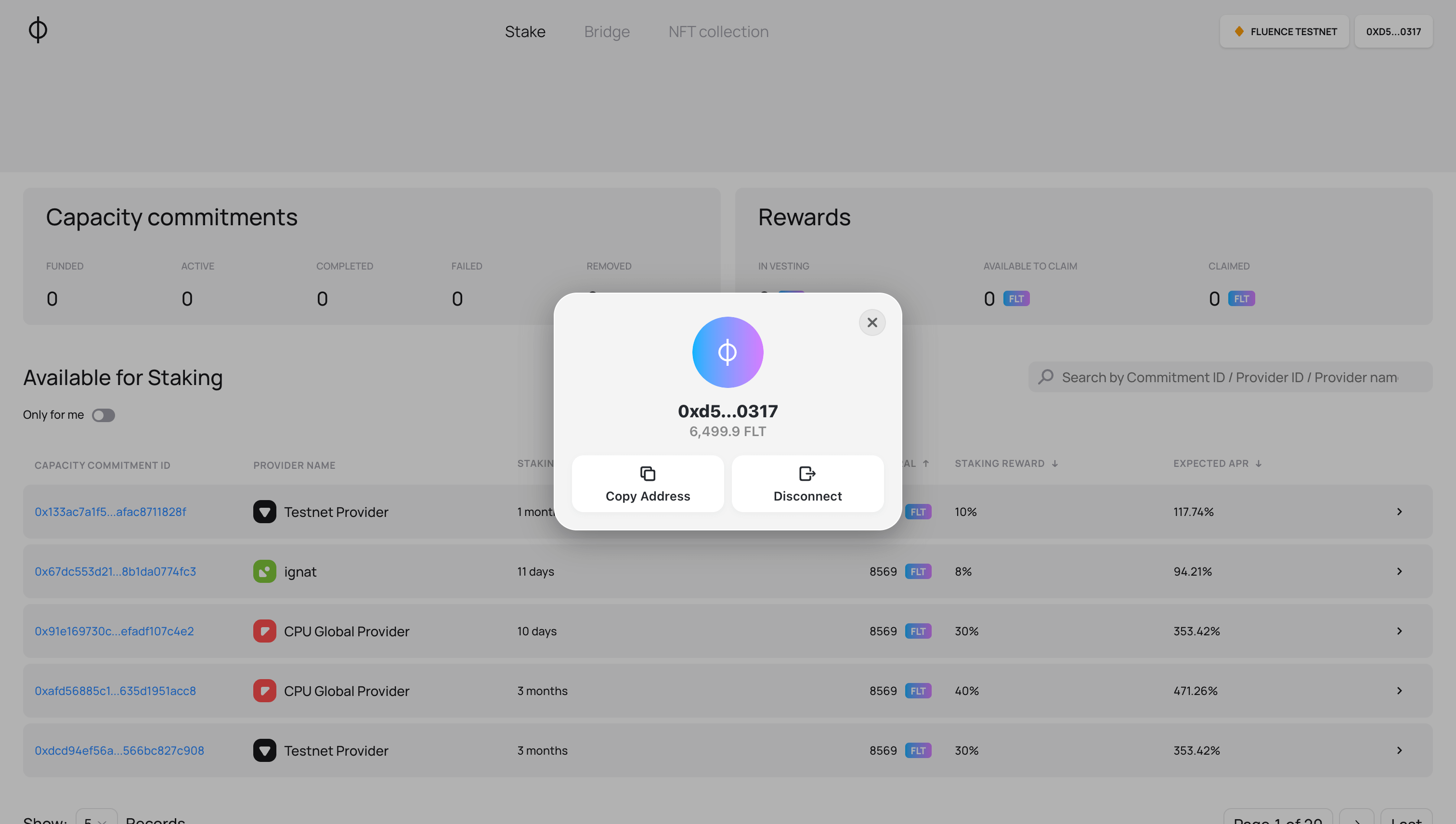 Staking app view with user's wallet connected
