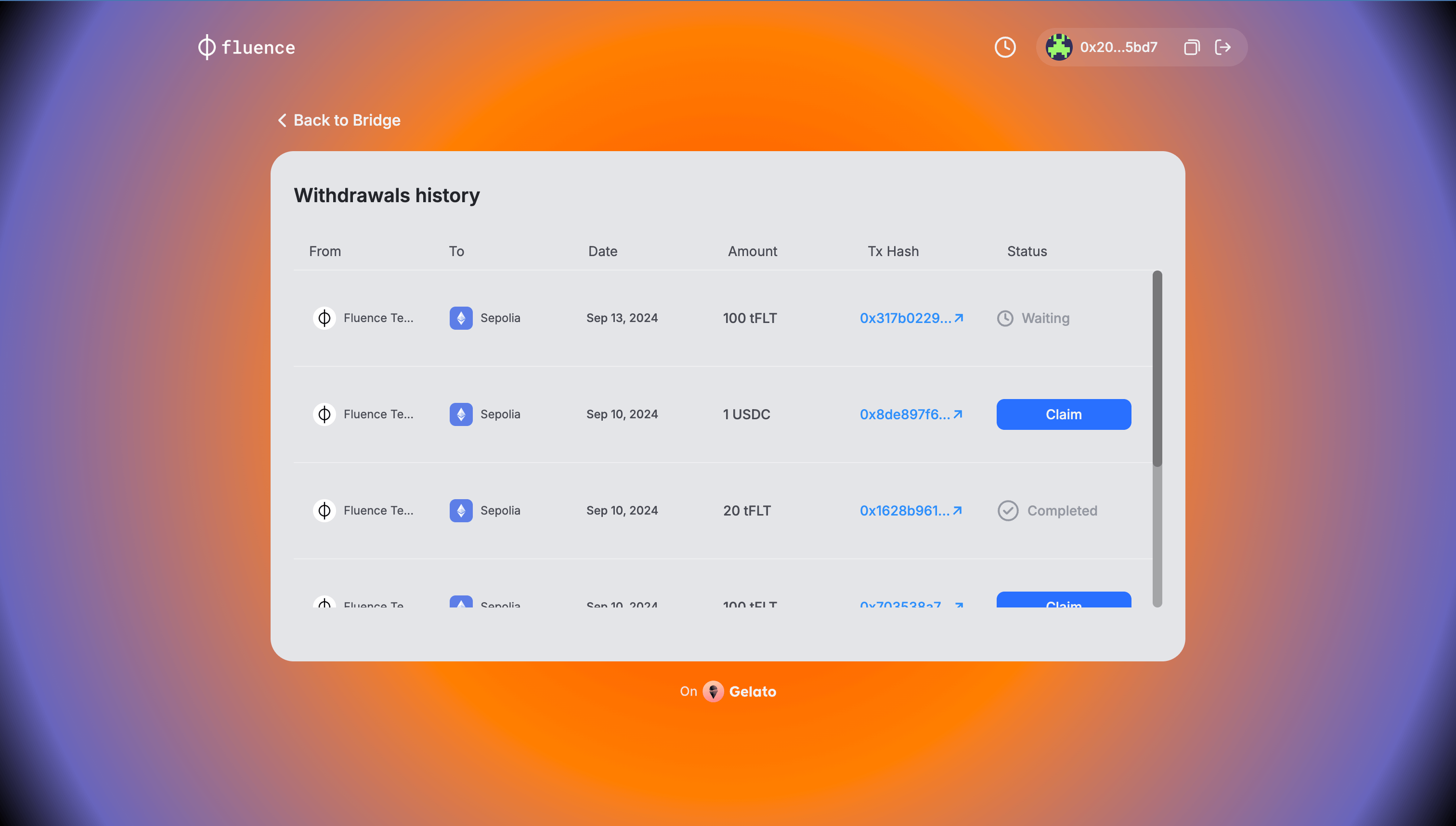 The view of the application window with the transaction history